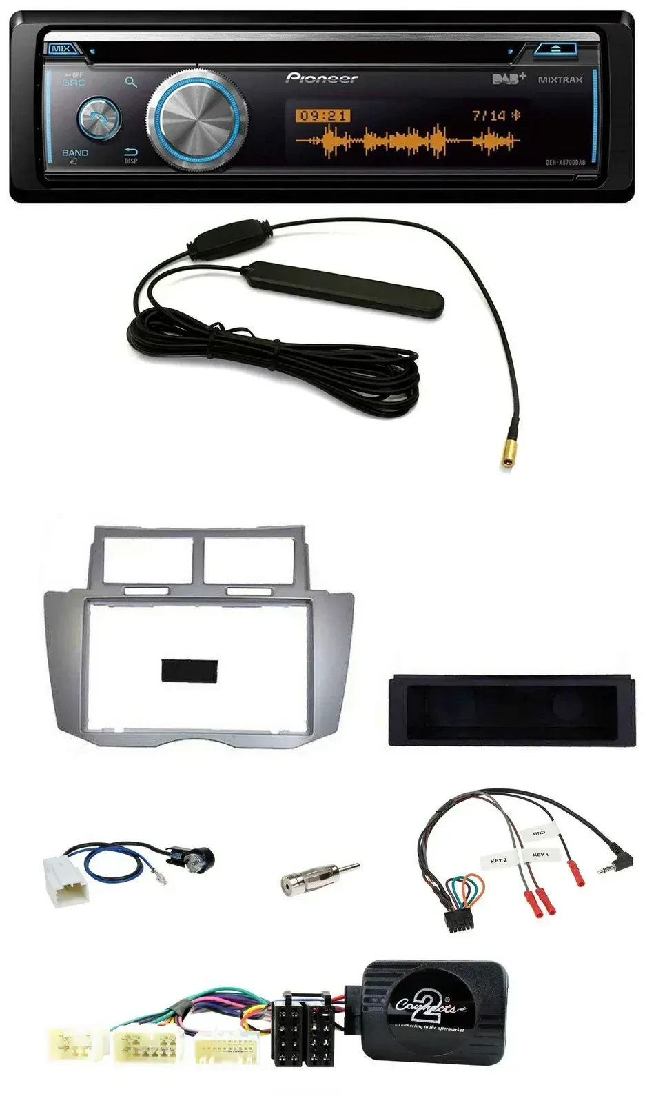 Автомагнитола для Toyota Yaris 2007–2011 Pioneer CD, USB, Bluetooth, DAB, поддержка управления на руле, серебристая