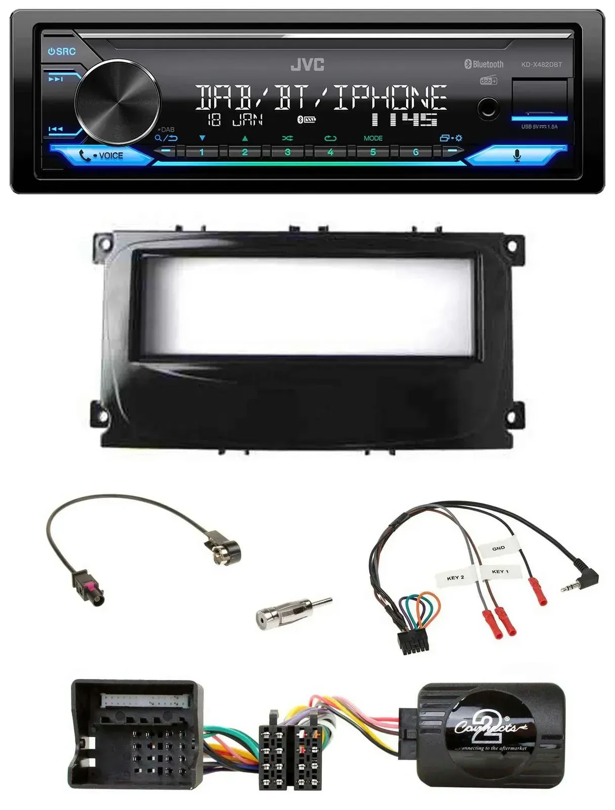 Автомагнитола JVC Bluetooth DAB USB для Ford Focus/Galaxy/C-Max, чёрный, с поддержкой управления на руле