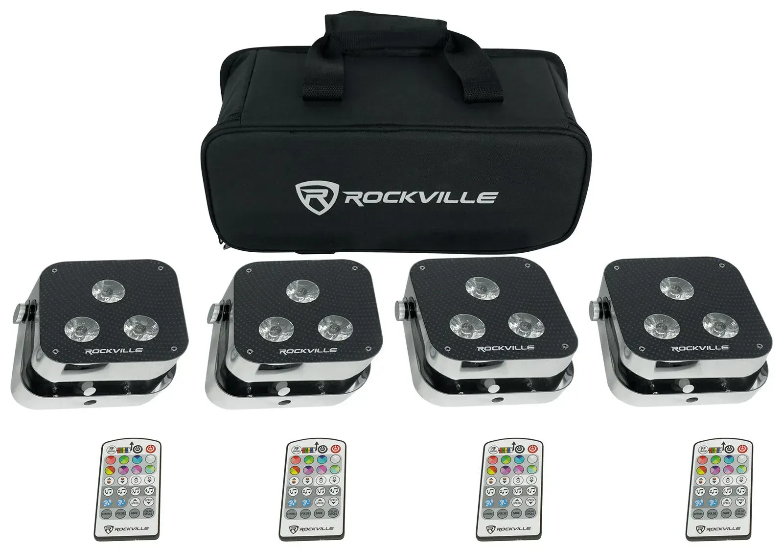 Светодиодный прибор Rockville MINI RF3 Black с чехлом и DMX-пультом (4 штуки)
