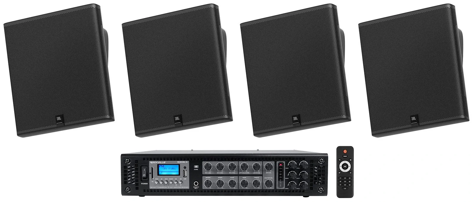 4) JBL SLP14/T-BK Sleek Low-Profile On Wall Mount 4" 70v Commercial Speakers+Amp