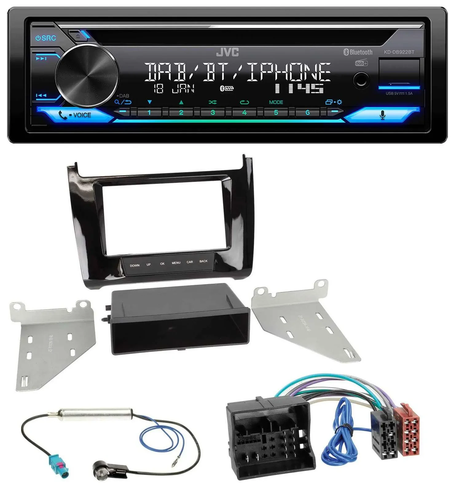 Автомагнитола для VW Polo (с 2014) JVC Bluetooth MP3 USB DAB CD, чёрный глянец