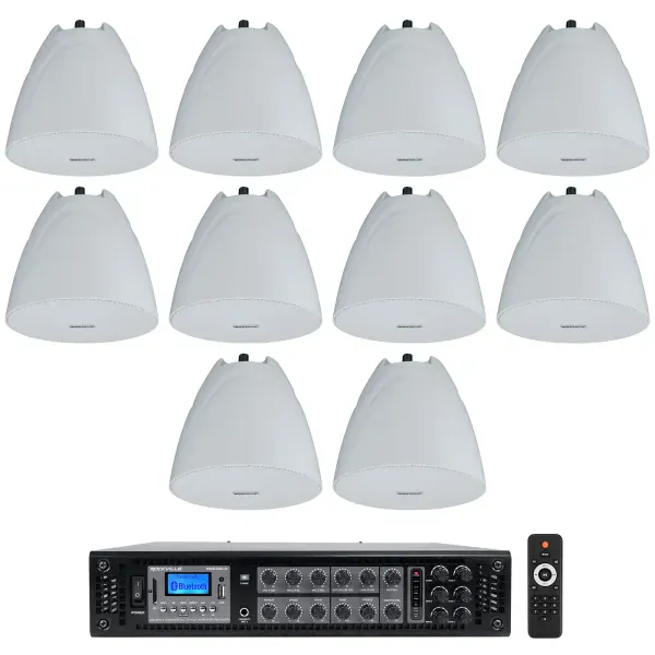 Rockville RCS350-6 Commercial Amp+10 White 5.25" Pendant Speakers For Restaurant