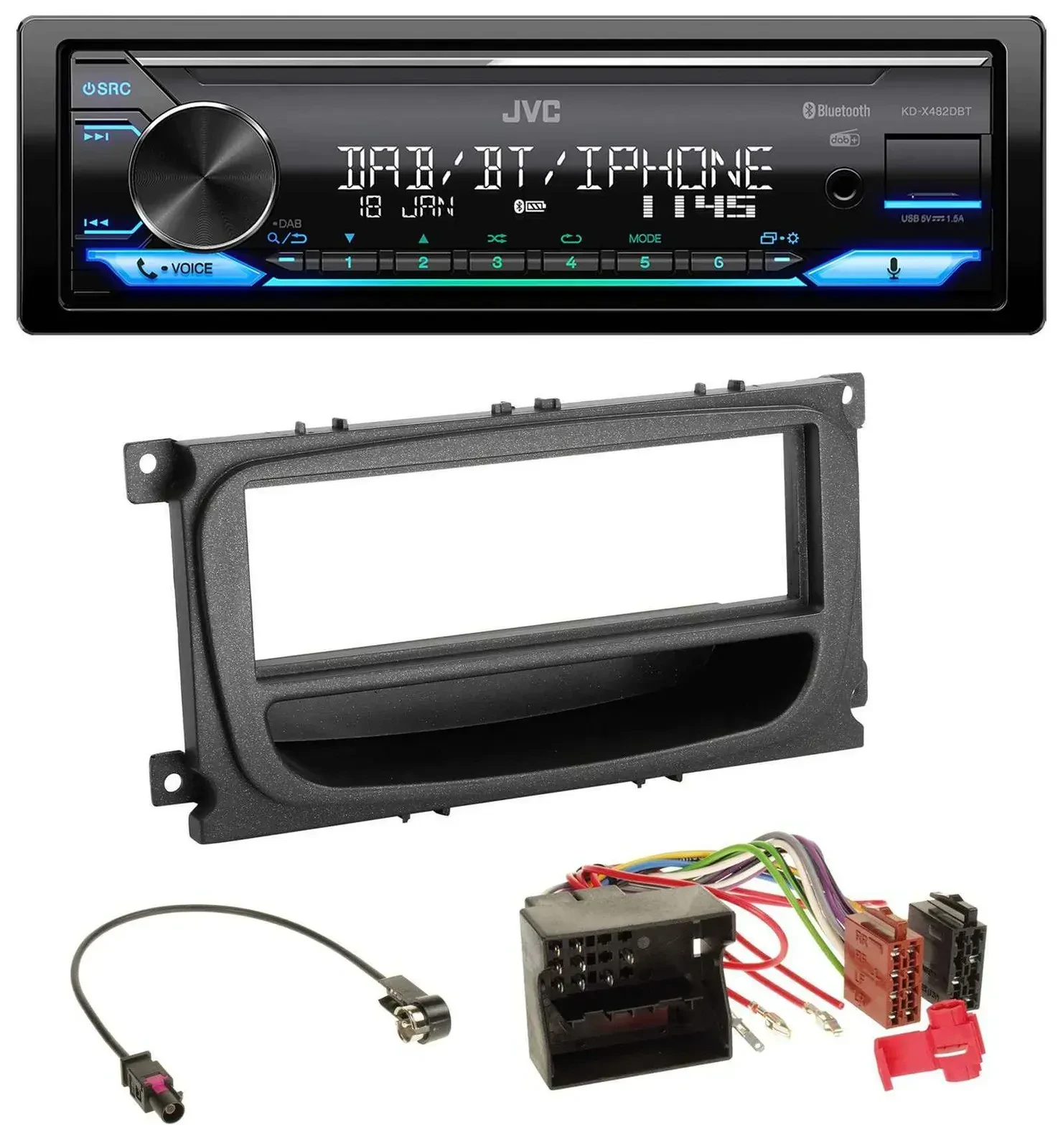 Автомагнитола JVC Bluetooth DAB USB MP3 для Ford Mondeo/S-Max 2007–2014, черная, с нишей