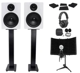 2 Rockville DPM5W 5.25" 300 Active Studio Monitors+Stands+Headphones+Mic+Shield