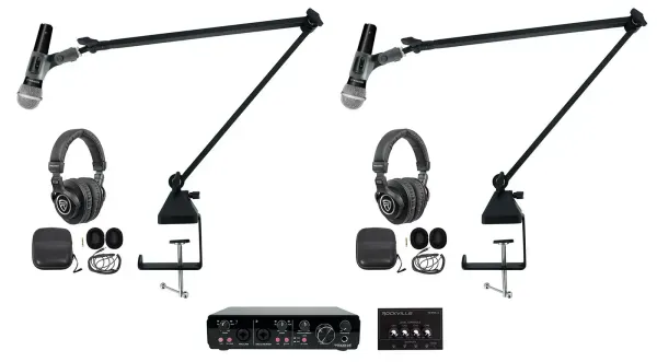 Rockville R-TRACK 2x2 2-Person Podcast Kit-Dynamic Microphones+Booms+Headphones