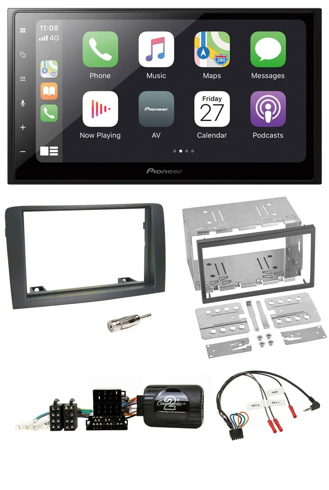 Pioneer Lenkrad Bluetooth DAB 2DIN USB Autoradio für Fiat Idea 2006-2012 grau