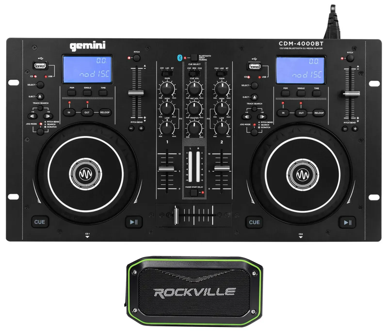 DJ-микшер Gemini CDM-4000BT с CD/USB медиаплеером, 2-канальный (набор) с портативной Bluetooth-колонкой Rock Anywhere
