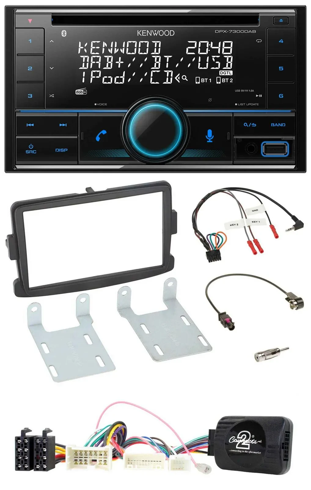 Kenwood CD 2DIN DAB USB Lenkrad Bluetooth Autoradio für Dacia ab 2012 schwarz