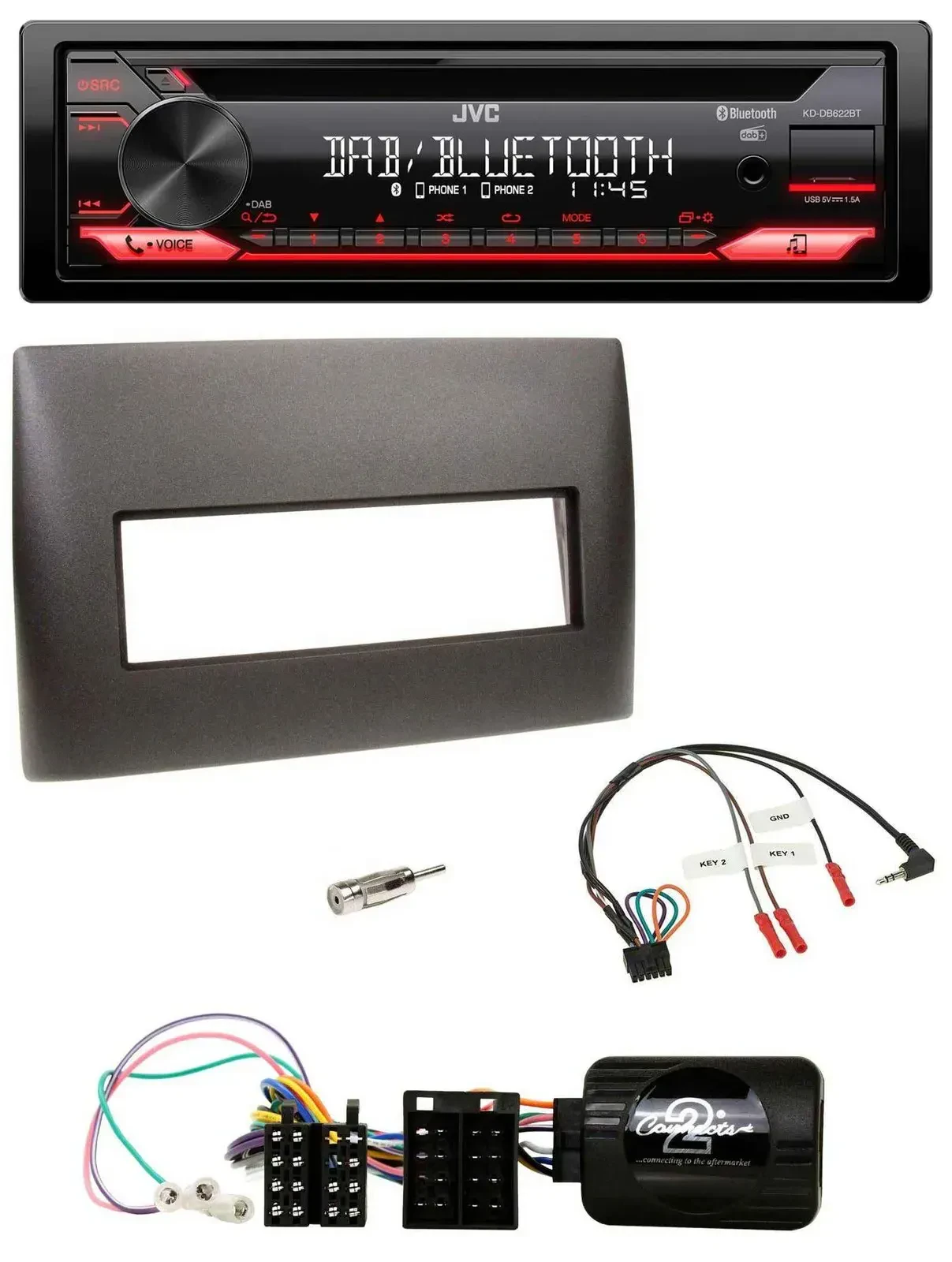 Автомагнитола JVC CD, DAB, USB, Bluetooth для Fiat Stilo (2001–2007), черная, с поддержкой кнопок на руле