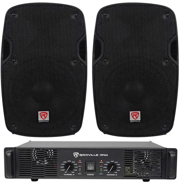 2) Rockville SPG88 8“ 800W 8 Ohm PA Speakers ABS Cabinet+RPA4 1000w Amplifier