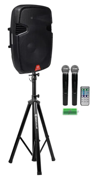 Rockville RAM15BT 15"Rechargeable Powered 800W PA Speaker+2 Mics+Bluetooth+Stand