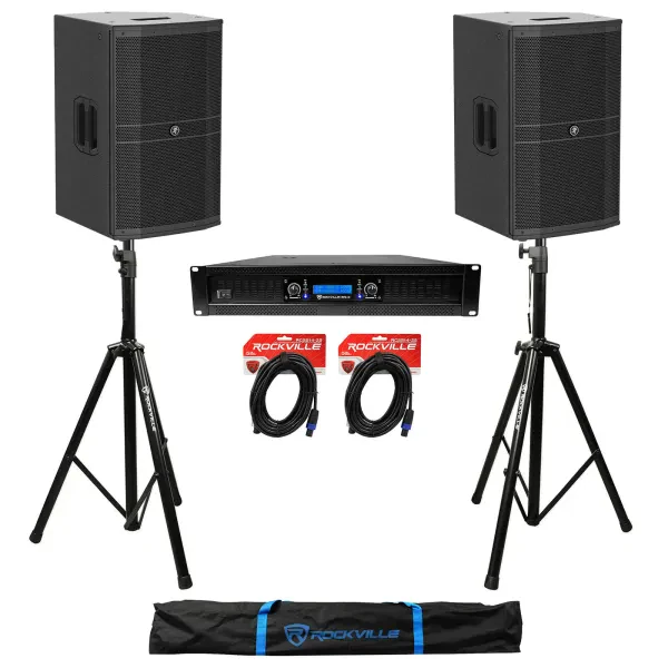 (2) Mackie DRM212-P 12" 1600 Watt DJ PA Speakers+Power Amplifier+Stands+Cables