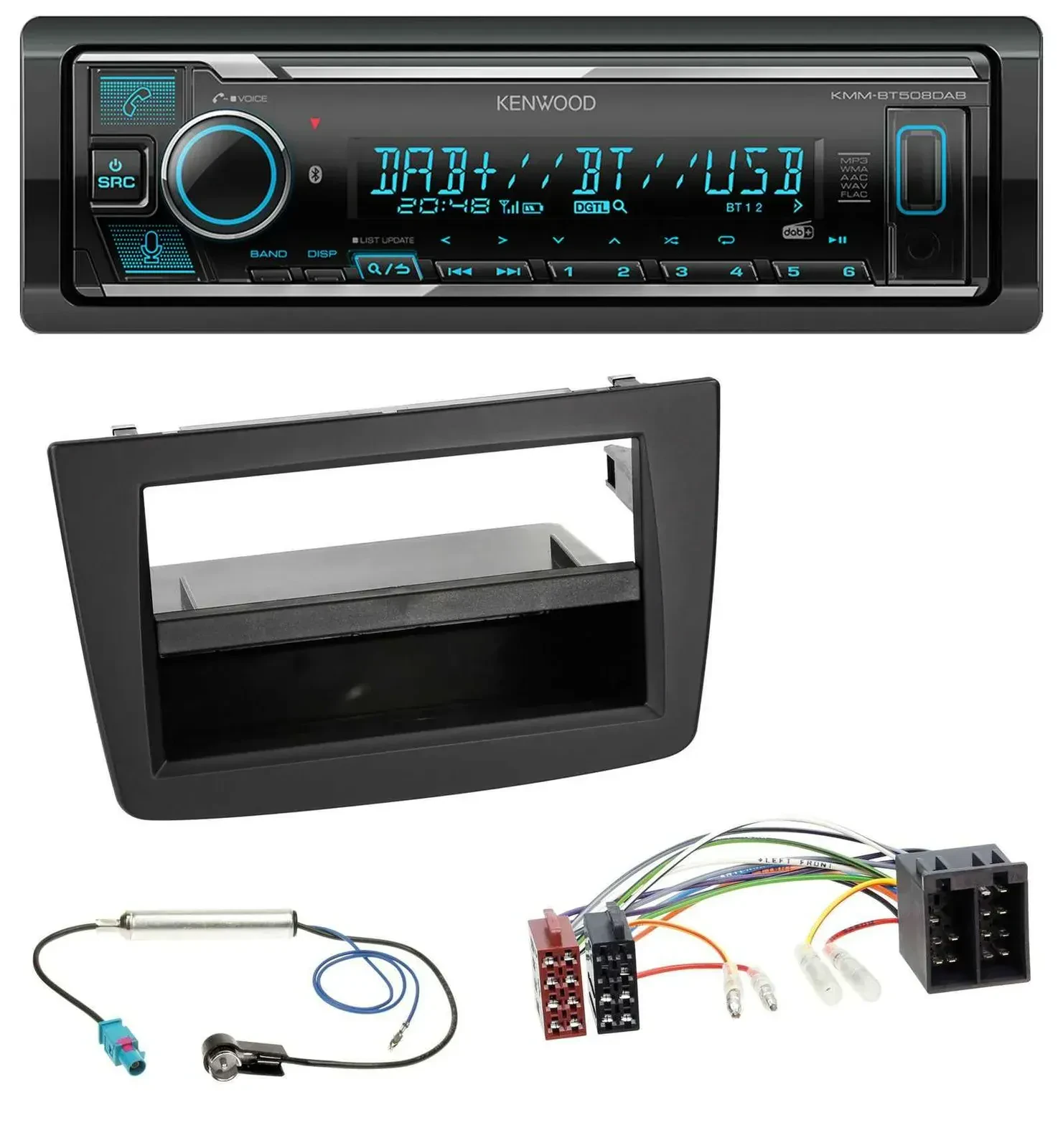Автомагнитола для Alfa Romeo Mito (955, 2008–2014) Kenwood Bluetooth MP3 DAB USB, ISO, черная