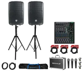 (2) Rockville TITAN 12 12" 2000w DJ PA Speakers/Bluetooth+Mackie Mixer+(3) Mics