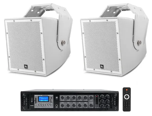 (2) JBL AWC62 6.5" 120w Indoor/Outdoor 70V Surface Mount Commercial Speakers+Amp