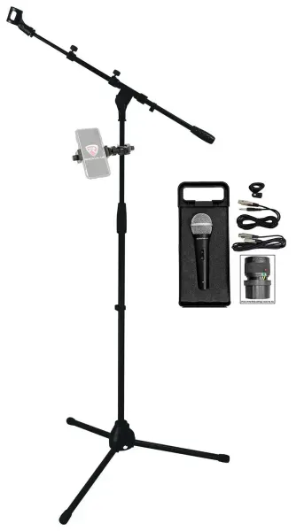 Rockville Microphone Stand w/Boom+Tripod Base+Mic+360° Swivel Smartphone Mount