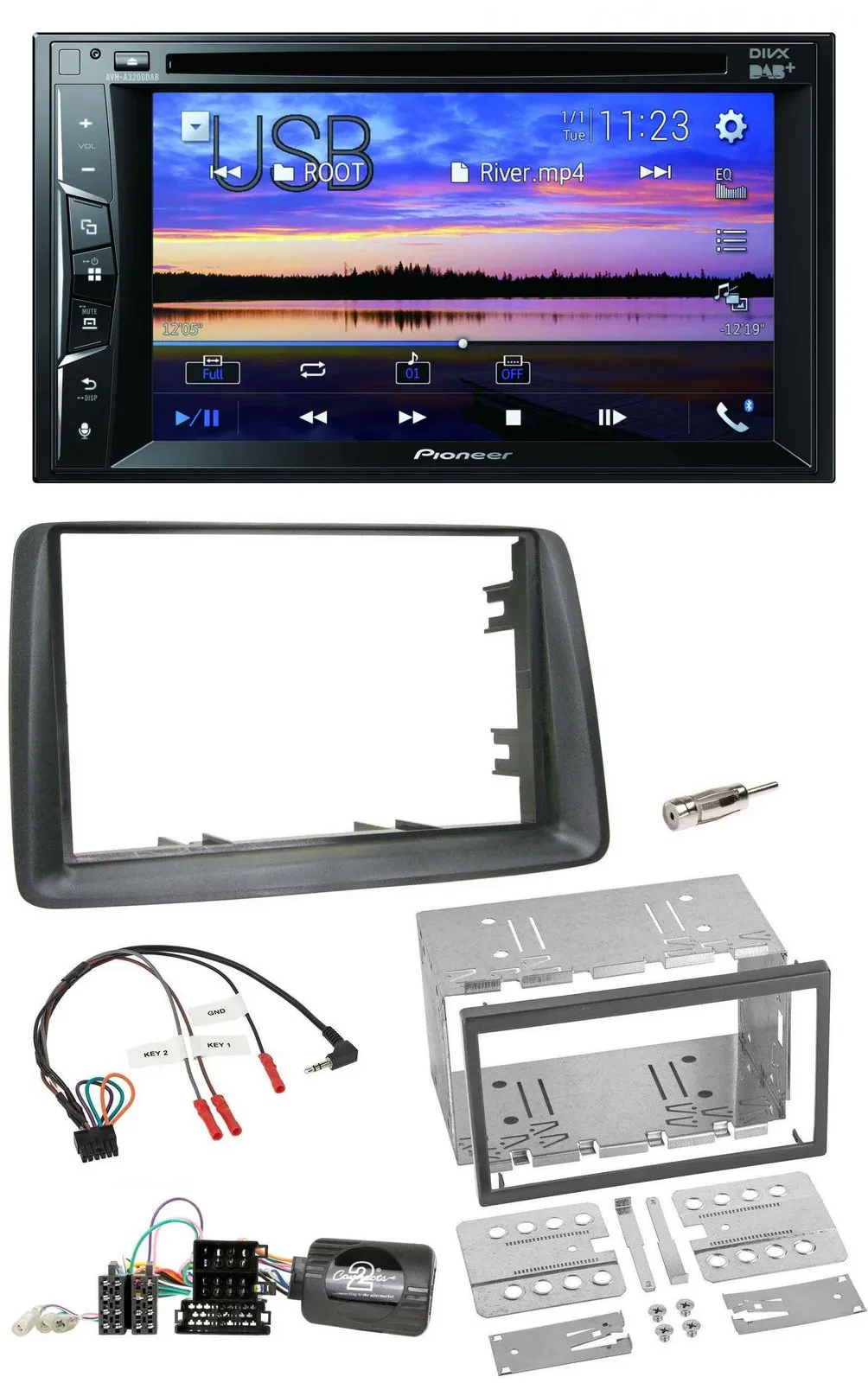 Автомагнитола Pioneer 2DIN, Bluetooth, USB, DVD, DAB, для Fiat Panda 2007–2012, серый