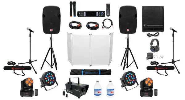 12" DJ Speakers+Sub+Amp+Headphones+Facade+(4) Lights+Fogger+Mics+Stands+Cables