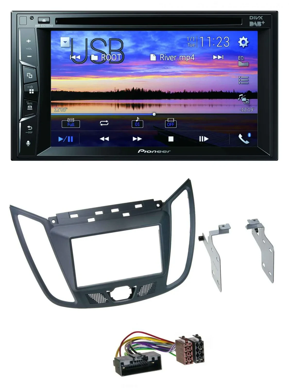 Автомагнитола Pioneer 2DIN, Bluetooth, USB, DVD, DAB, MP3, для Ford C-Max (с 2010), серый