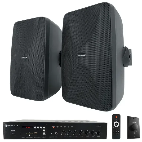 Rockville Commercial Amplifier+(2) Black 6.5" 4-Way Swivel Speakers+Wall Control