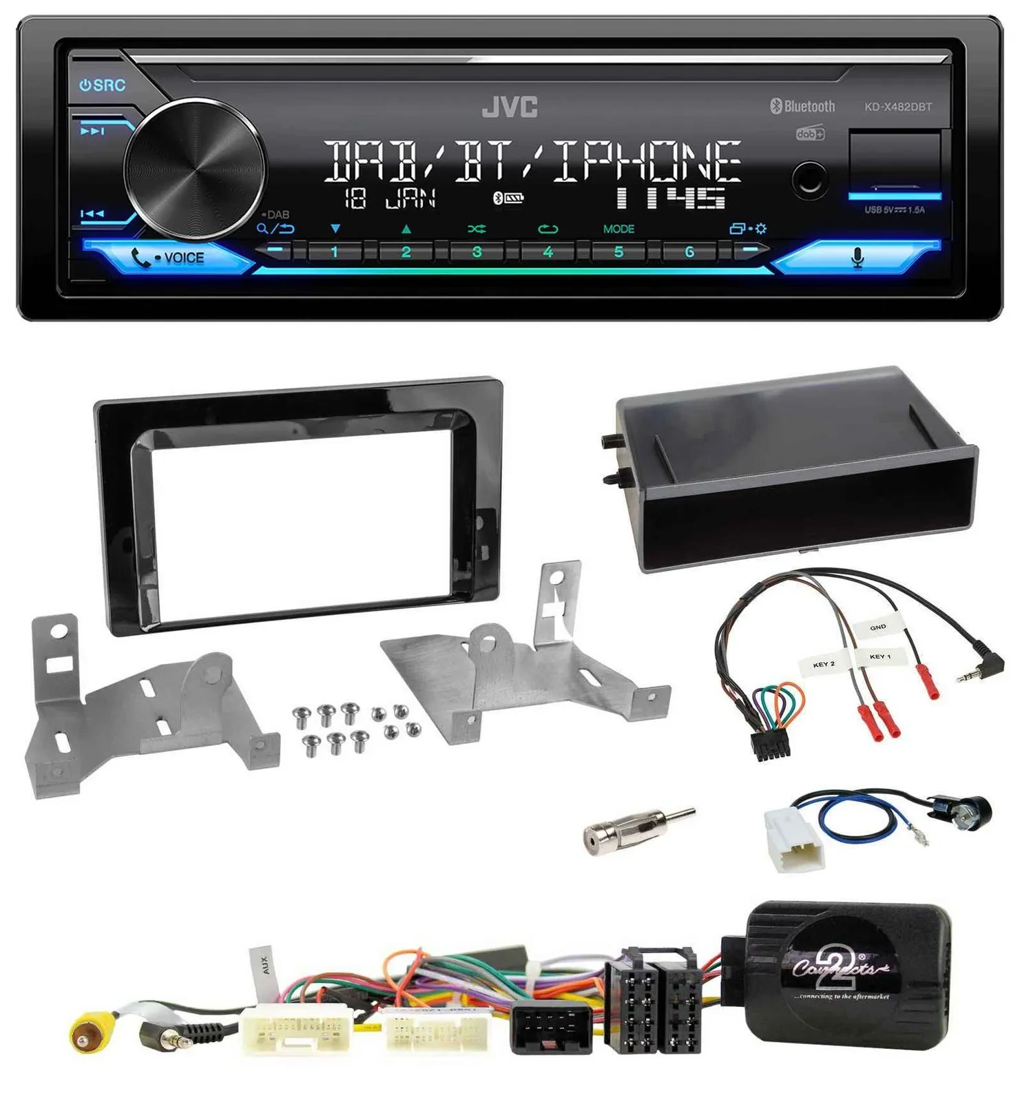 Автомагнитола для Toyota Aygo JVC Bluetooth, DAB, USB, поддержка кнопок на руле, с 2022, черный глянец