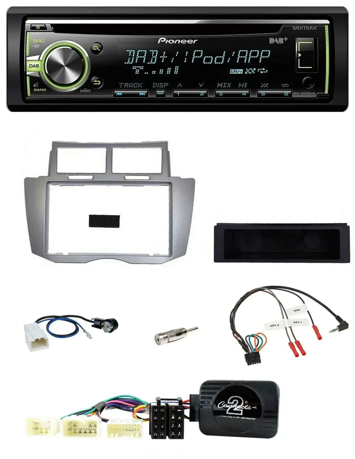 Автомагнитола Pioneer CD, DAB, USB, MP3, поддержка кнопок на руле для Toyota Yaris 2007–2011, серебристая