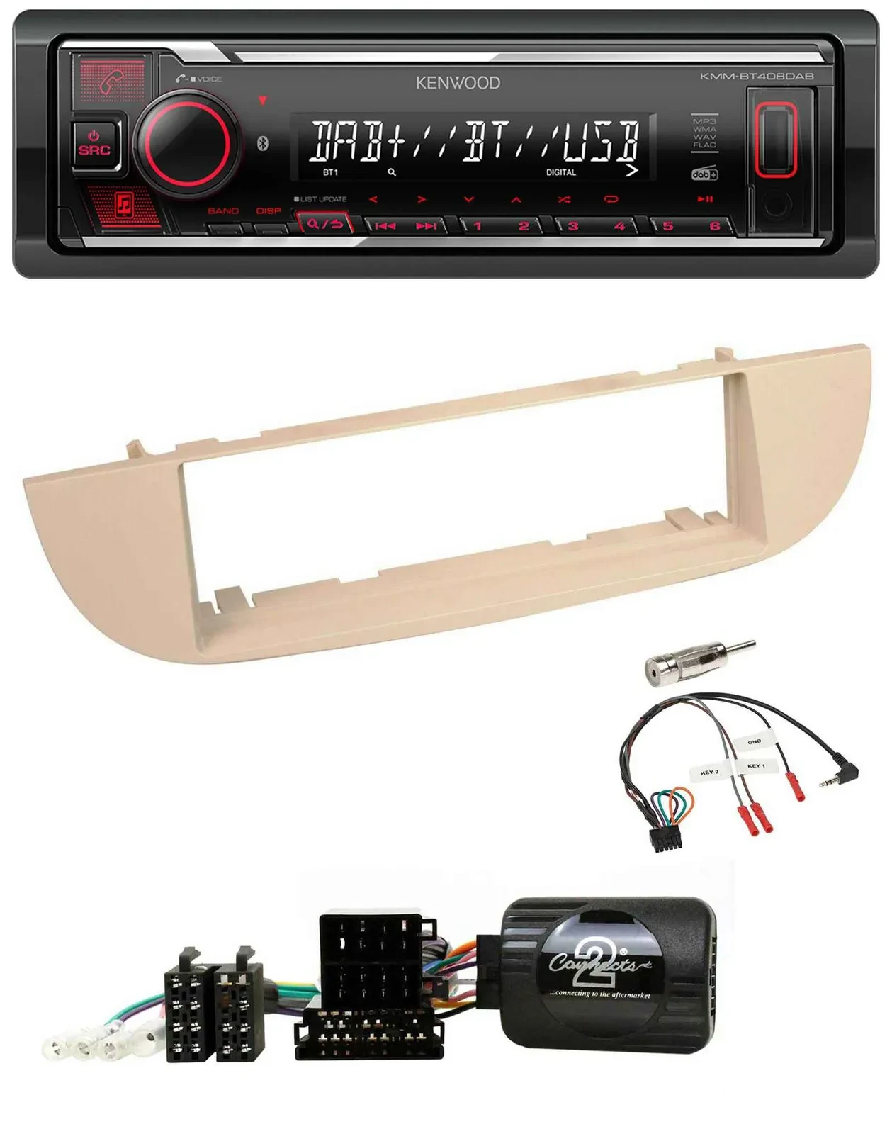 Kenwood Lenkrad Bluetooth USB DAB Autoradio für Fiat 500 ab 2007 perlgrau beige