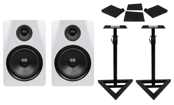 2) Rockville DPM8W Dual Powered 8" 600 Watt Active Studio Monitors+Stands+Pads