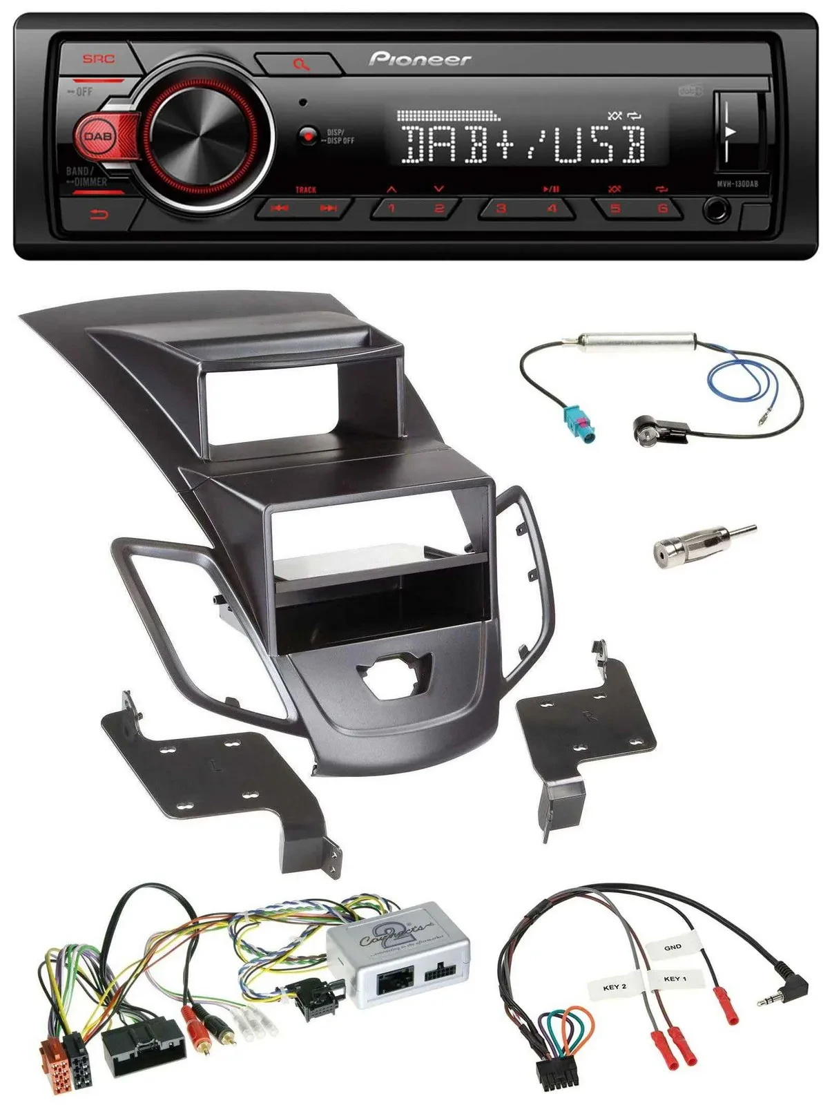 Pioneer MP3 1DIN DAB USB Lenkrad Autoradio für Ford Fiesta 10-17 Display schwarz