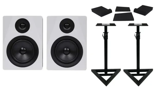 Pair Rockville APM5W 5.25" 2-Way 250W Powered USB Studio Monitors+Stands+Pads