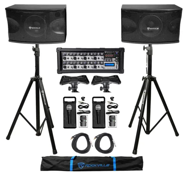 (2) Rockville KPS80 8" 3-Way 800w Karaoke Speakers+Mixer+Tripod Stands+(2) Mics