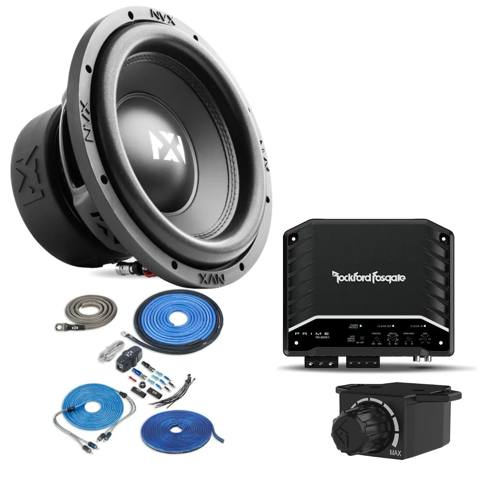 Сабвуфер пассивный NVX VSW104v3 10" (набор) с усилителем Rockford Fosgate R2-500X1