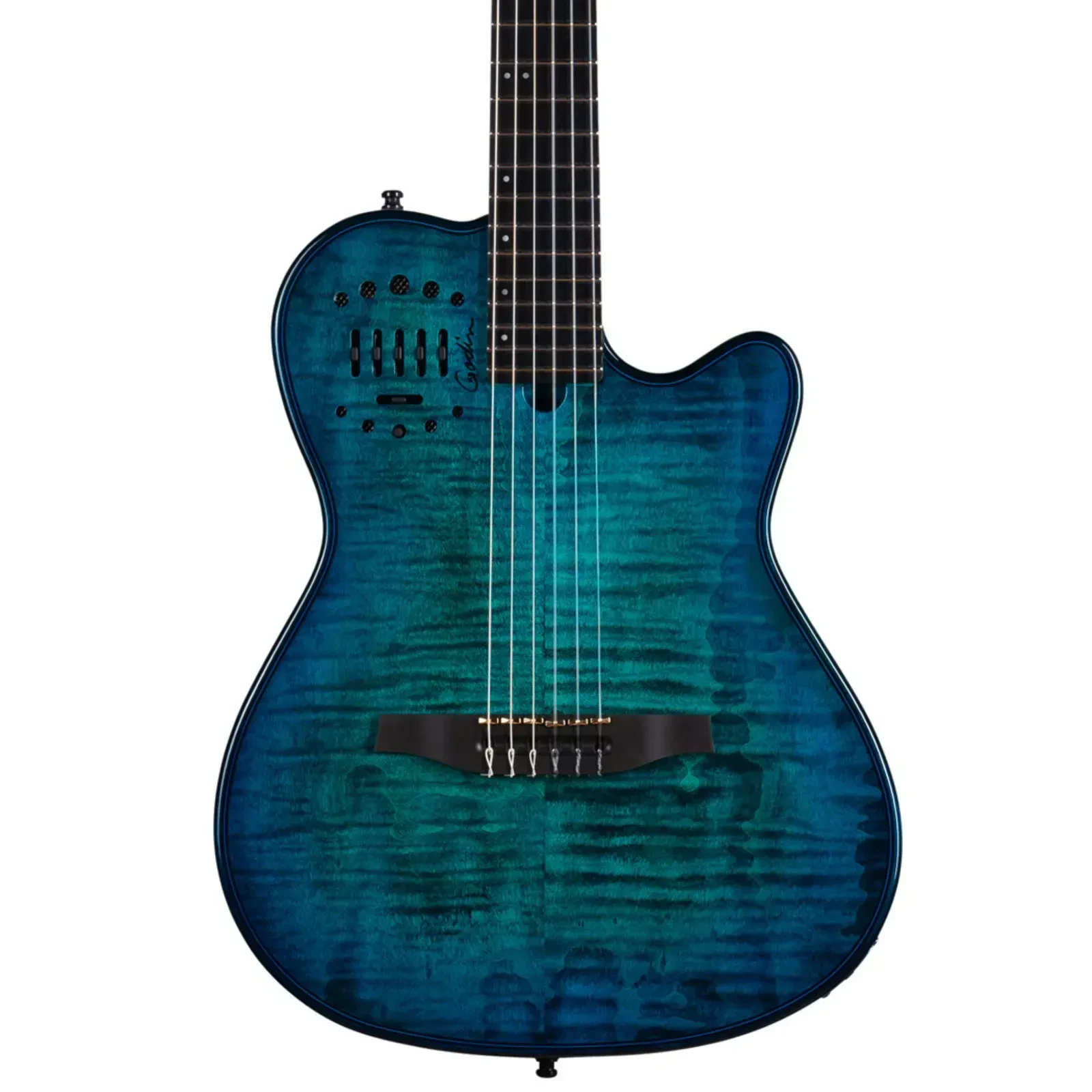 Godin Multiac Nylon L/E Thinline A/E Guitar, Solid Cedar Top, Ocean Burst