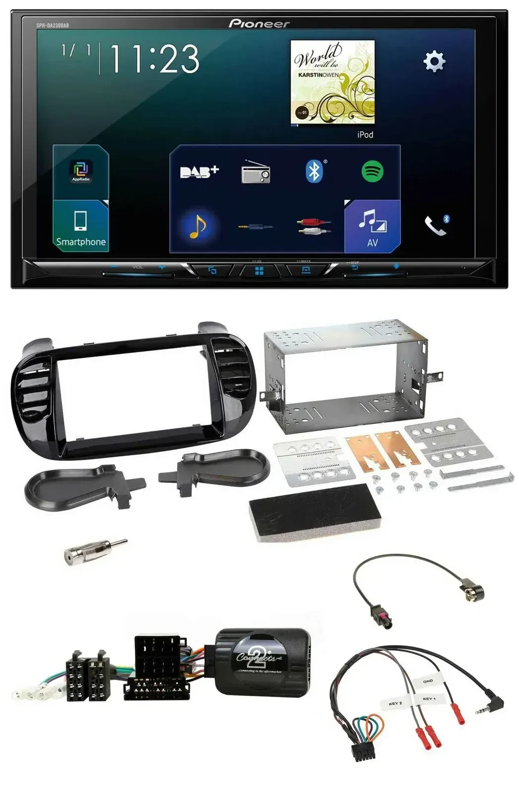 Автомагнитола Pioneer 2DIN DAB Bluetooth USB для Fiat 500 (2008–2015), черная, Fakra