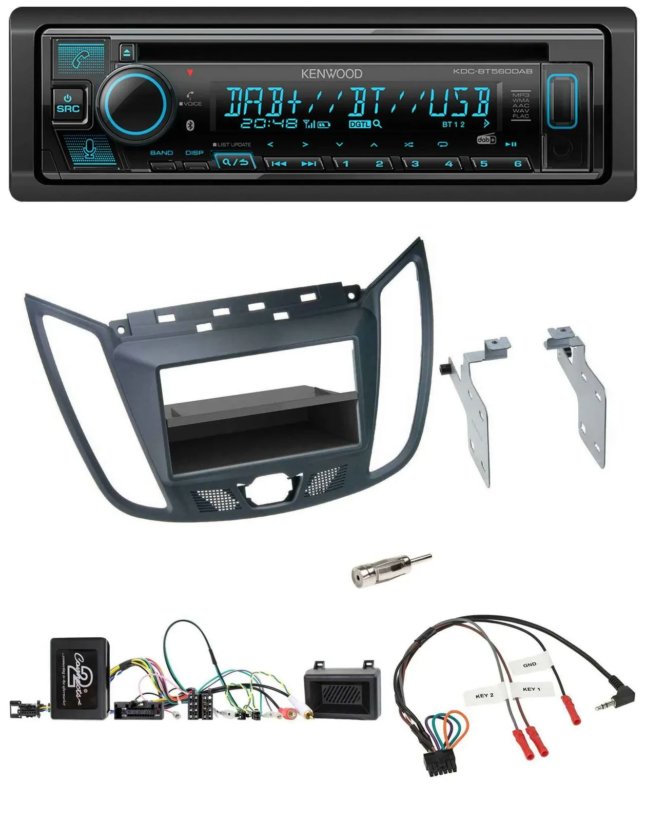 Kenwood Bluetooth DAB CD Lenkrad USB Autoradio für Ford C-Max Kuga dunkelgrau