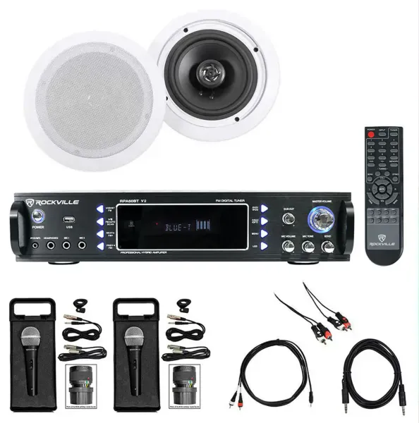 Rockville 1000w Karaoke Bluetooth Amp/Mixer+(2) Ceiling Speakers+(2) Microphones