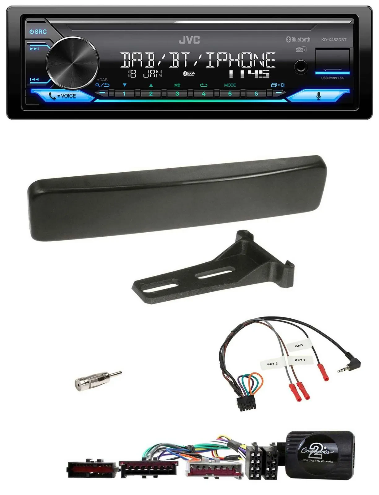 Автомагнитола JVC Bluetooth DAB USB для Ford Focus/Mondeo, совместима с кнопками на руле, черный