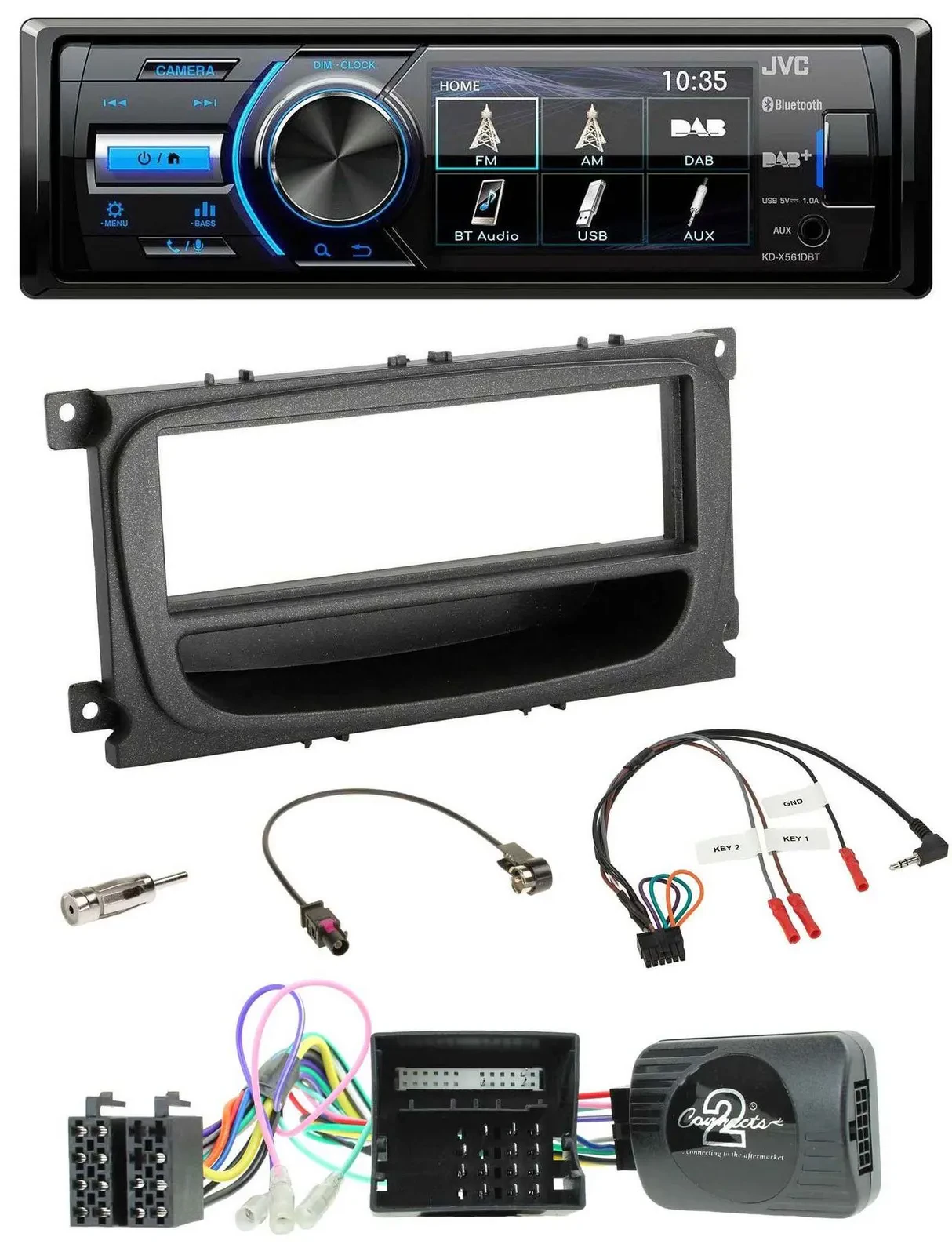Автомагнитола JVC Bluetooth USB DAB для Ford C‑Max/Focus/Galaxy (2007–2010), поддержка кнопок на руле