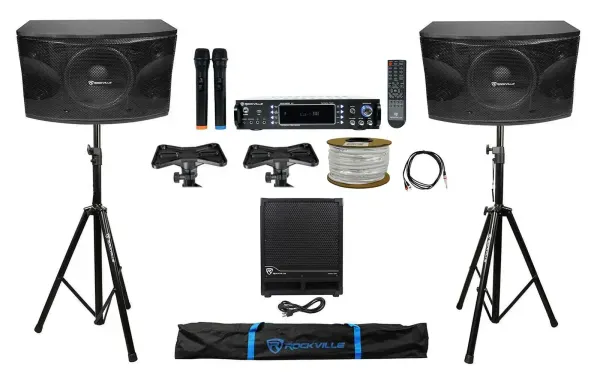 DJ Package w/ (2) 12" 1600w Speakers+Sub+Bluetooth Amplifier+Stands+Cables+Bag