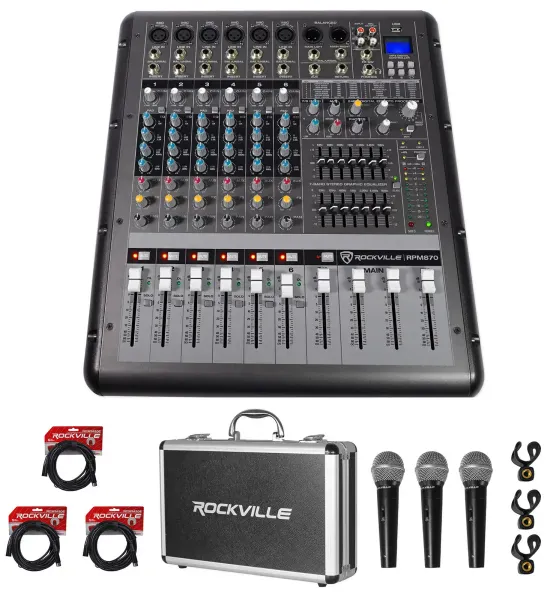 Rockville RPM870 8 Channel 6000w Powered Mixer, USB, Effects+3) Mics+Case+Cables