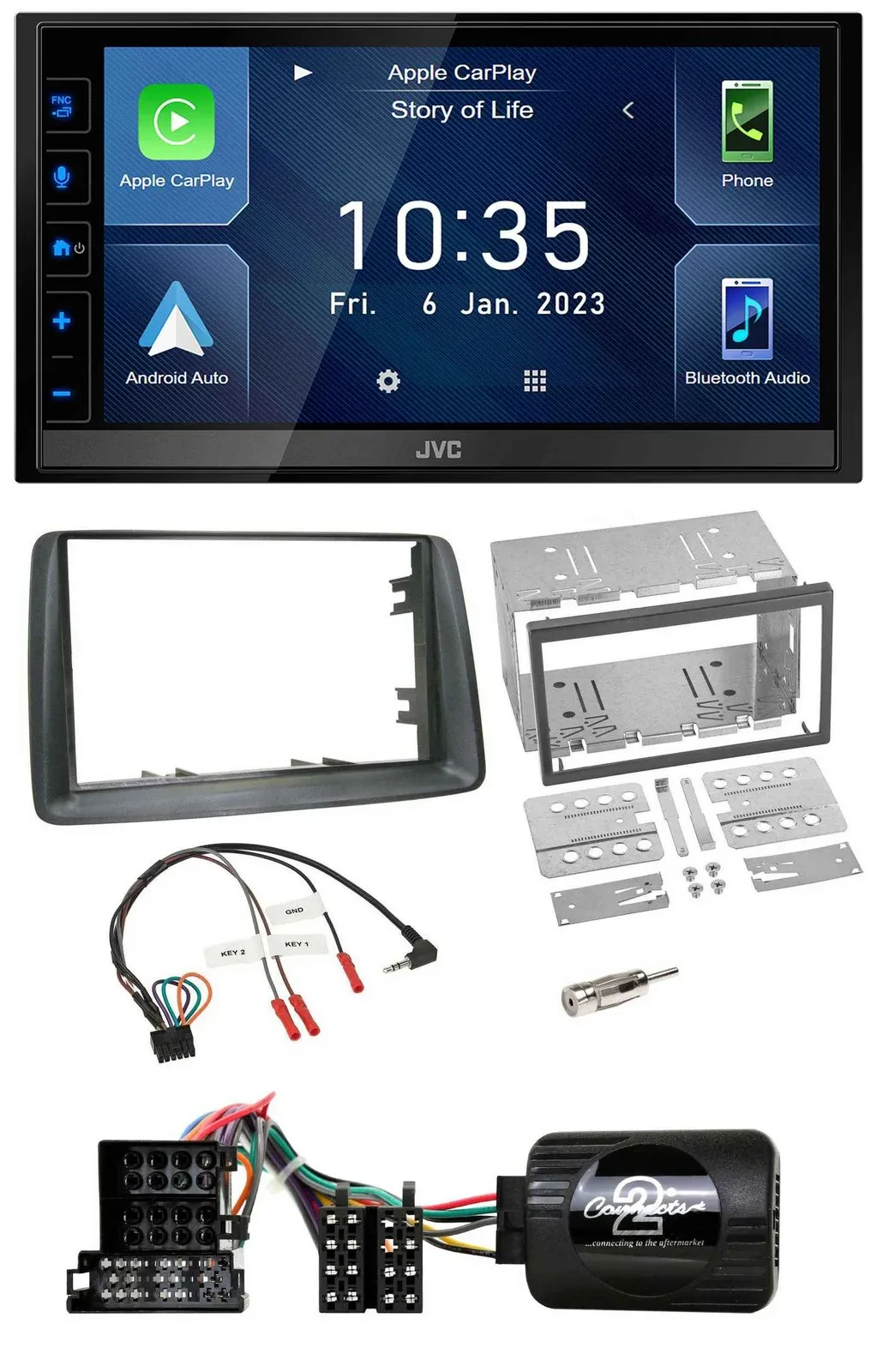 JVC DAB Bluetooth Lenkrad USB 2DIN Autoradio für Fiat Panda 2004-2007 grau