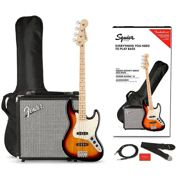 Squier Affinity Jazz Bass LE Pack w/Rumble 15W Bass Combo Amp 3-Color Sunburst