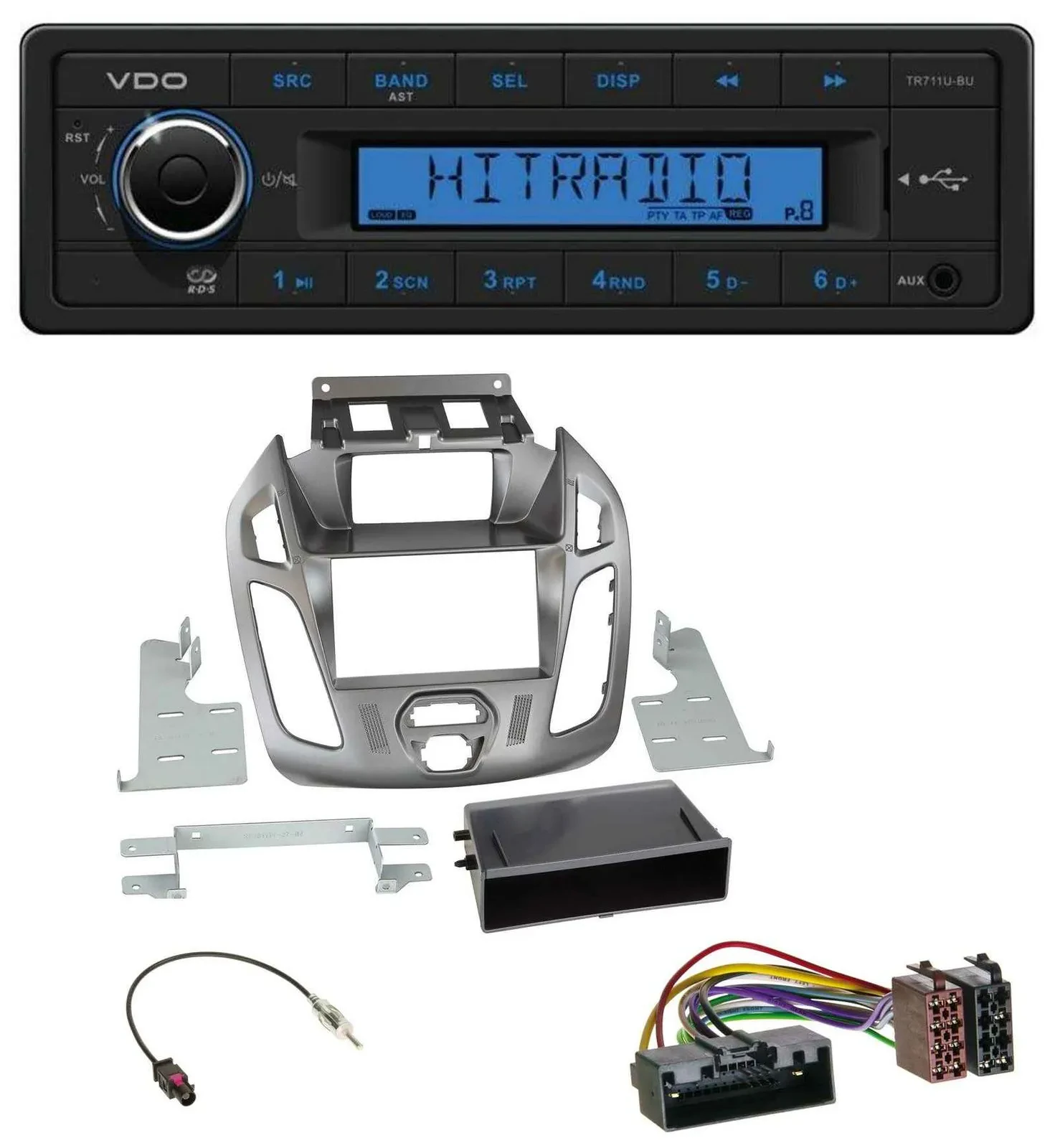 Автомагнитола для Ford Transit Connect VDO 1DIN MP3 USB AUX с дисплеем, серебристая