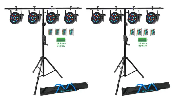 (8) Rockville BATTERY PAR 50 Rechargeable LED DMX DJ Wash Lights+Crank Stands