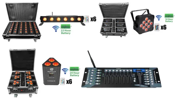 6 Rockville BEST PAR+BEST STRIP+ROCKWEDGE Wireless DMX Battery Lights+Controller