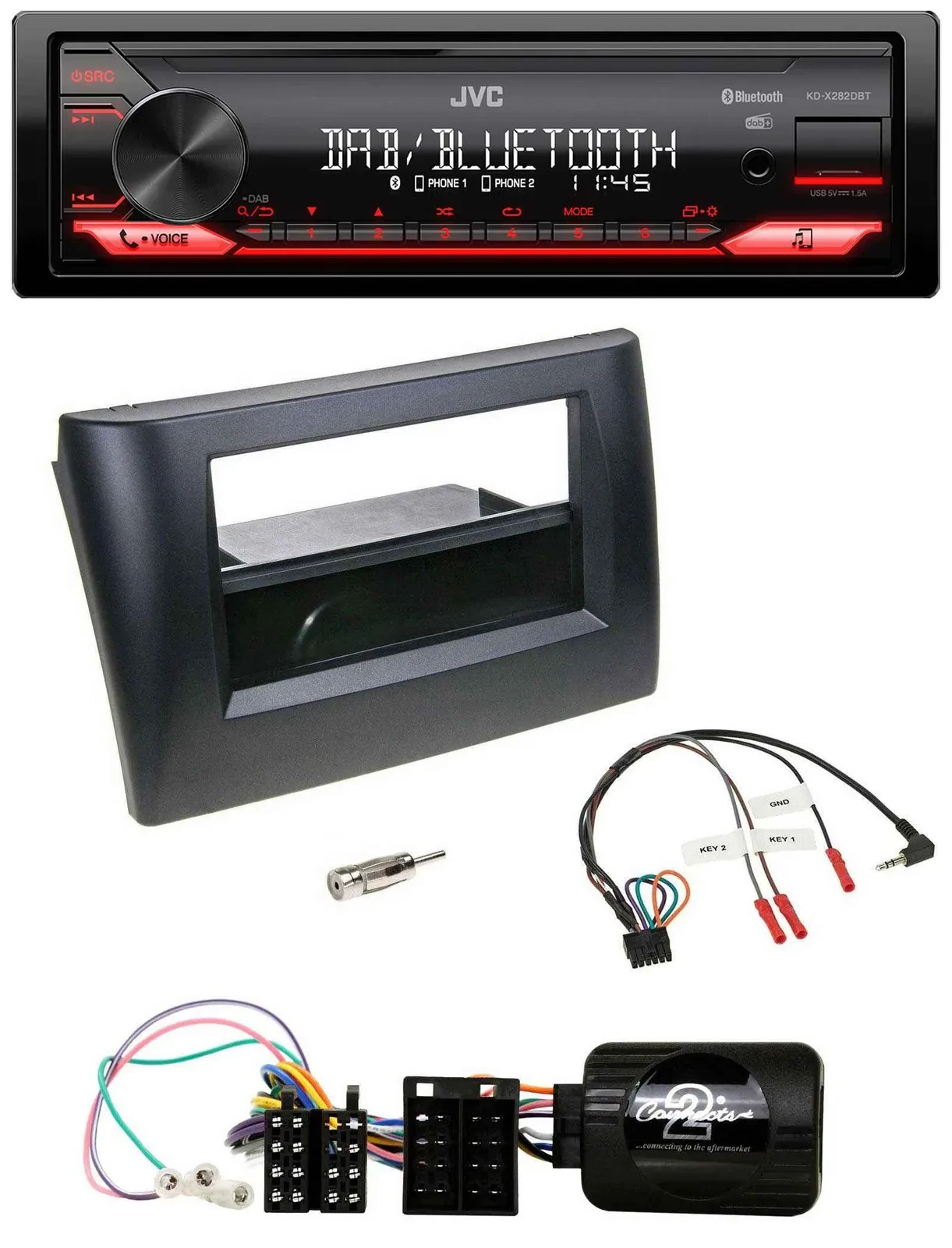 Автомагнитола JVC Bluetooth USB DAB для Fiat Stilo 2001–2007, черная, с поддержкой кнопок на руле, с нишей
