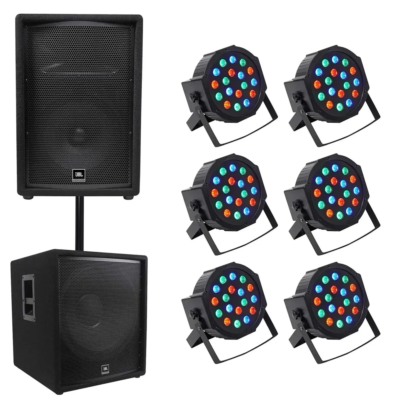 JBL JRX212 1000 Watt 12" 2-Way DJ P/A Speaker+18" 1400w Sub+(6) Par Wash Lights