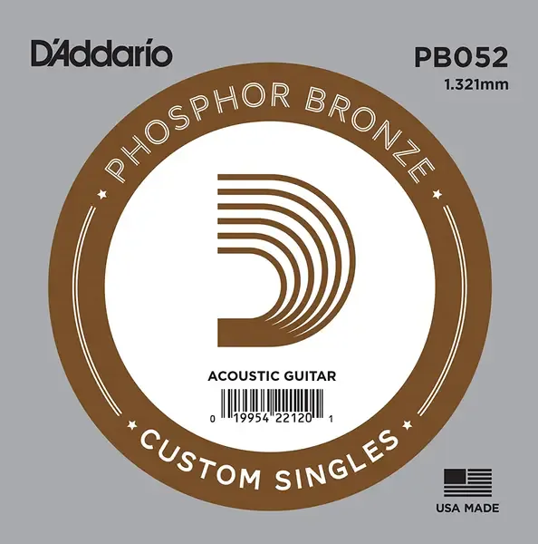 Струна для акустической гитары D'Addario PB052 Phosphor Bronze Custom Singles, фосфорная бронза, калибр 52