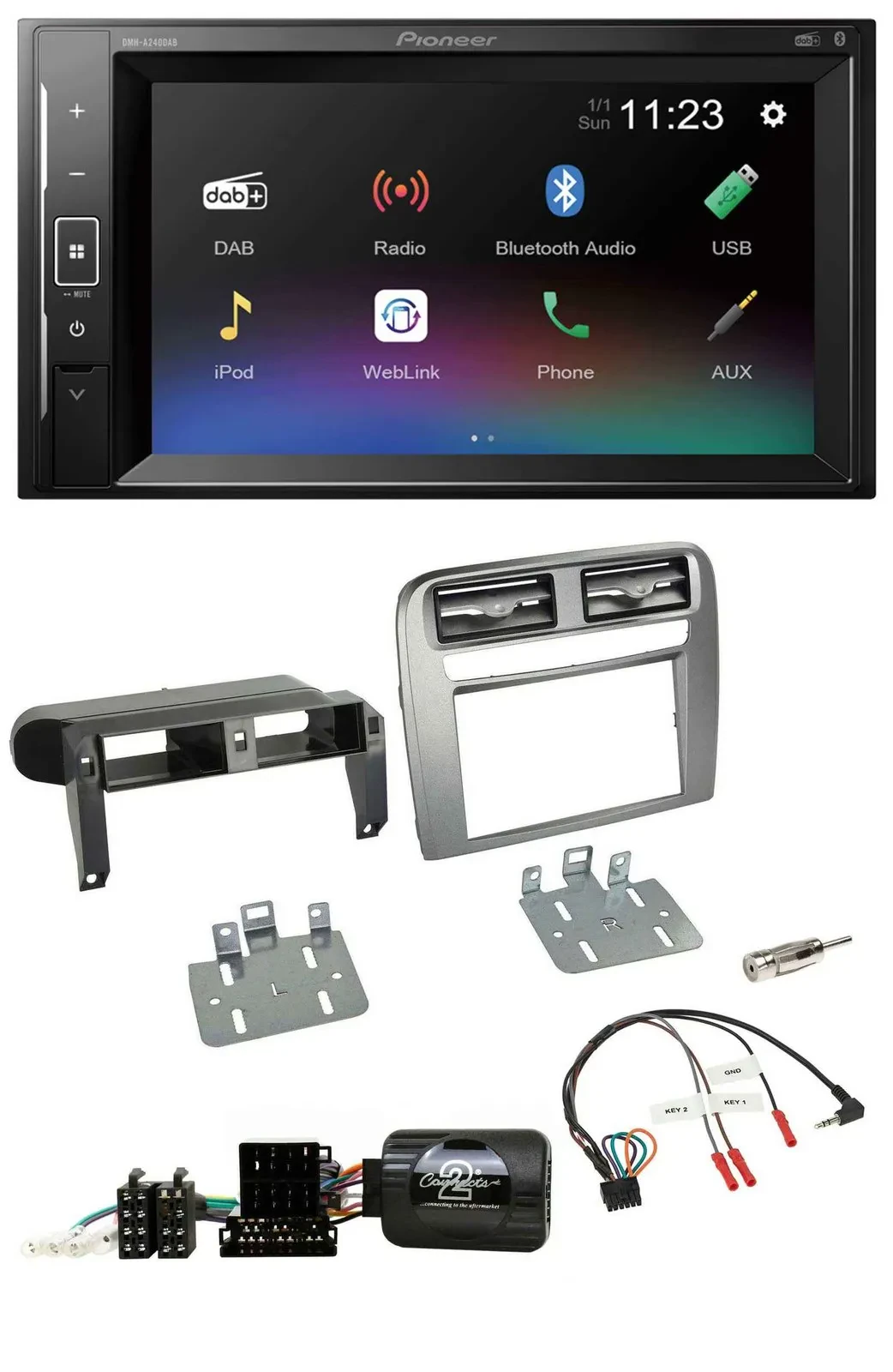 Pioneer DAB Lenkrad 2DIN Bluetooth USB Autoradio für Fiat Grande Punto anthrazit