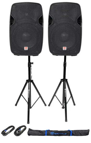 2) Rockville SPGN104 10" Passive 800W ABS Plastic PA Speakers+Stands+Cables+Bags